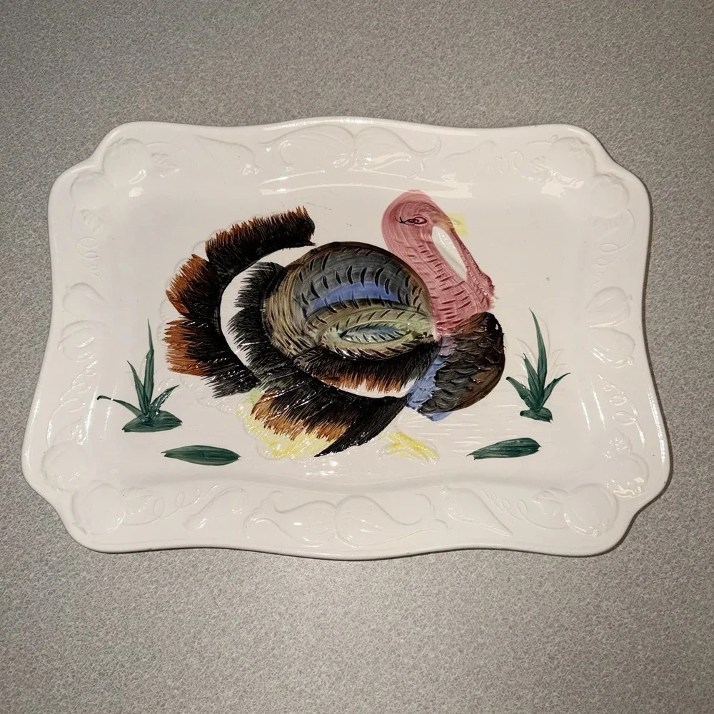 Turkey Embossed Vtg Hand Painted Colorful Ceramic Thanksgiving Tray Platter Fall